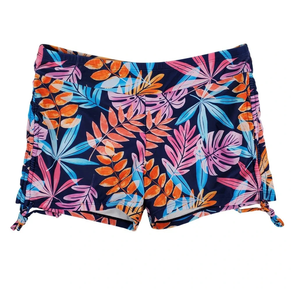 Holipick Tropical Floral Ruched Swim Board Shorts Large Navy Blue‎ Stretch New